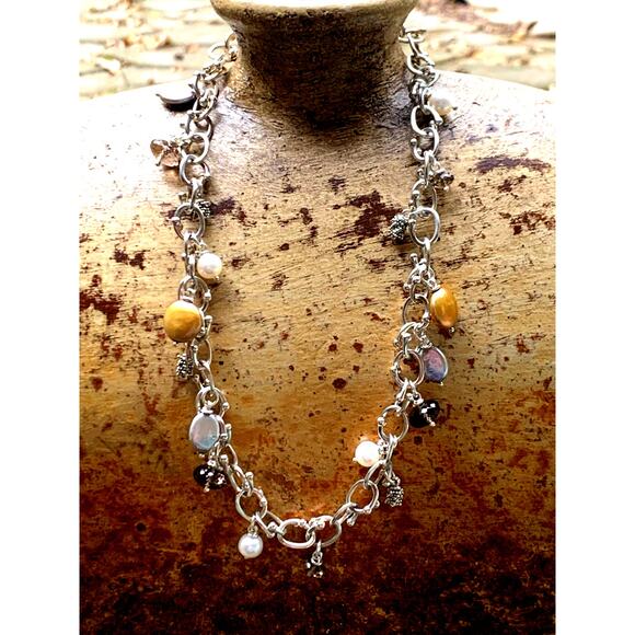 Michael Dawkins Necklace Sterling Silver w/ Smoky Topaz, Pearl & Caviar Charms - Picture 2 of 9